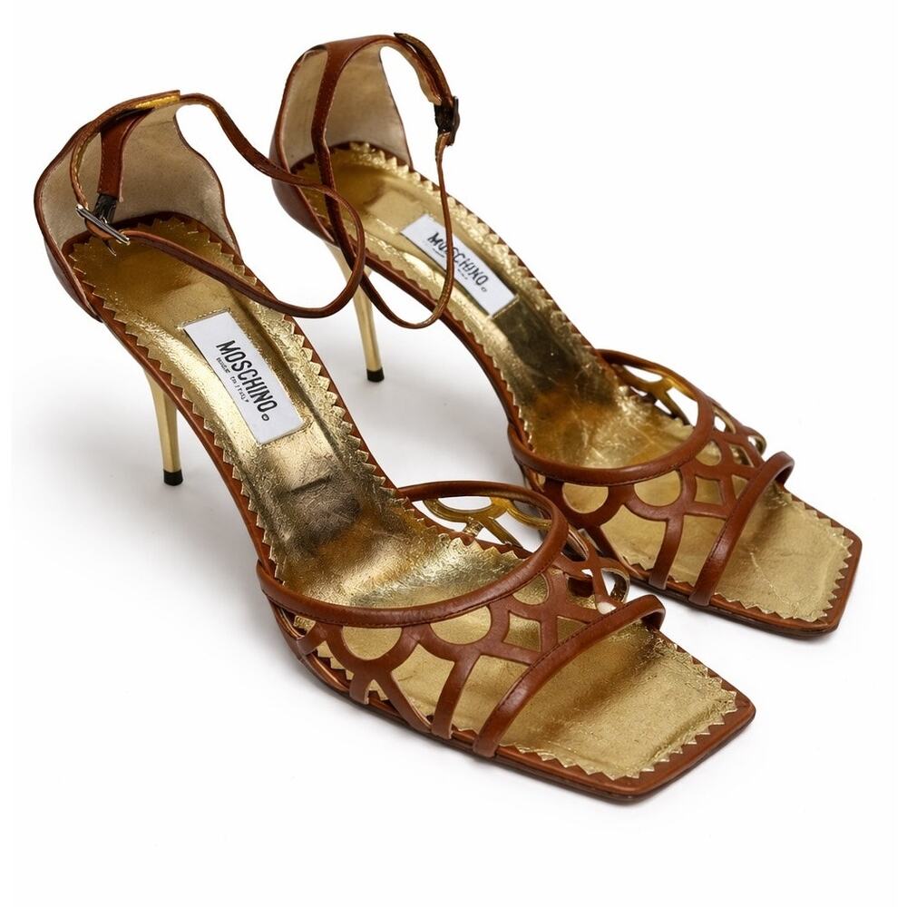 Moschino Brown Leather Cutout Heels Gold Stiletto Sandals Ankle Strap Square Toe